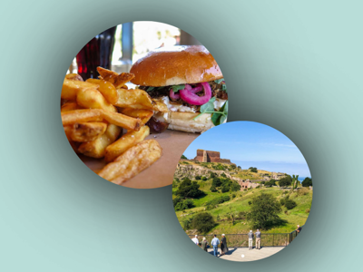 2 stk Burger med fritter og dip på Brohuset med 2 stk valgfri drikkelse