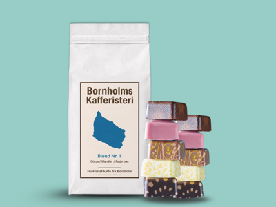 Bornholms Kafferisteri & Kjærstrup Pakke - 1 stk. Blend no.1 1000g + 1 stk. Kjærstrup Chokoladeæske: 10 stk. 