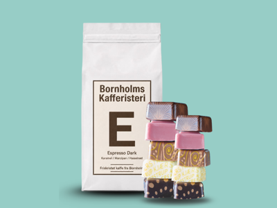 Bornholms Kafferisteri & Kjærstrup Pakke - 1 stk. Espresso Dark 1000g + 1 stk. Kjærstrup chokoladeæske: 10 stk. 