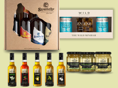 Bornholms smagekasse - 5 stk olie, 3 stk Sennep, 4 stk Svaneke Øl & 2x5cl Gin + Tonic