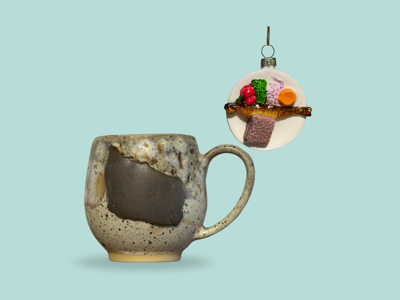 Bornamenter - Granitkop med Brun Bornholm og juleornament med Sol over Gudhjem