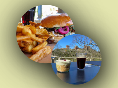 2 stk Burger med fritter + 2 stk valgfri drikkelse + 2stk gammeldags æblekage og valgfri kaffe